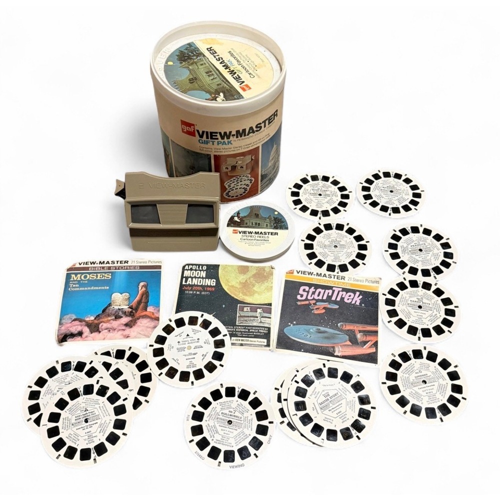 Vintage GAF View-Master‎ Gift Pak Viewer Reels Lot Star Trek Apollo Case Cartoon